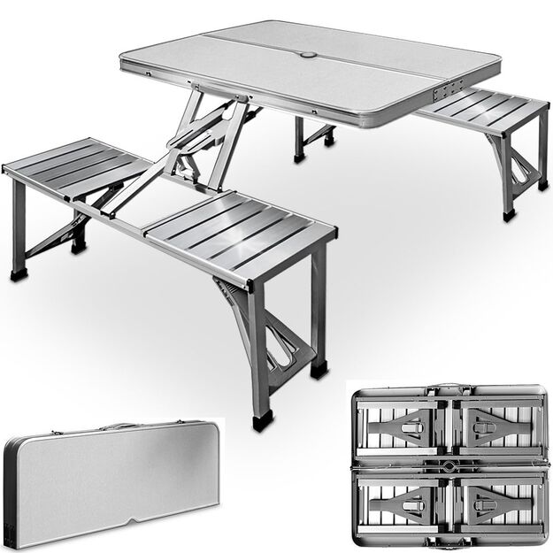 Sulankstomas aliuminis iškylų - kempingo  stalas su 4 sėdimomis vietomis